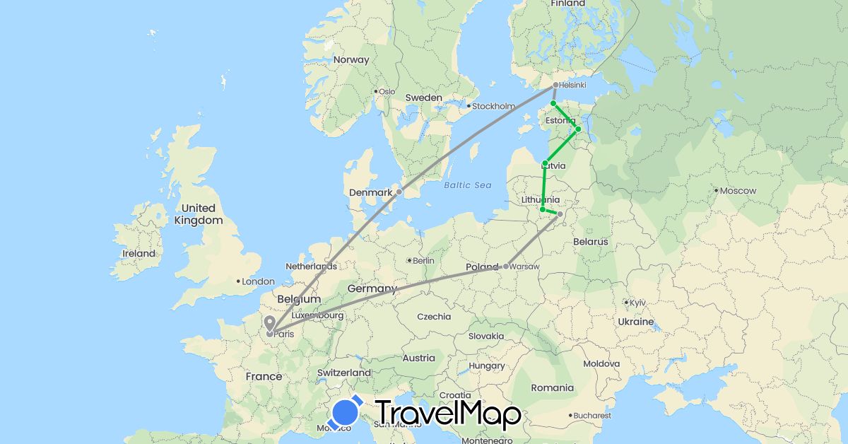 TravelMap itinerary: driving, bus, plane in Denmark, Estonia, Finland, France, Lithuania, Latvia, Poland (Europe)