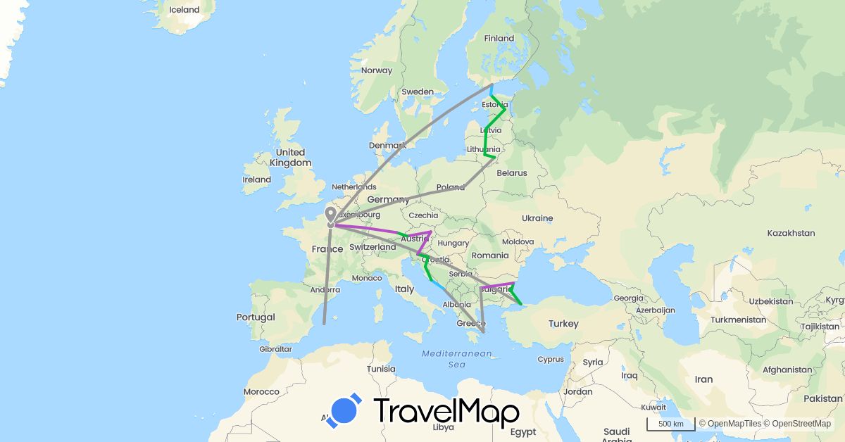 TravelMap itinerary: driving, bus, plane, train, boat in Austria, Bulgaria, Germany, Denmark, Estonia, Spain, Finland, France, Greece, Croatia, Lithuania, Latvia, Poland, Slovenia, Turkey (Asia, Europe)